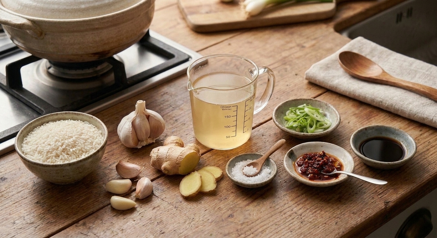 A lineup of ingredients for rice porridge on a wooden kitchen counter including uncooked jasmine rice, garlic, ginger, broth, salt, and small bowls of toppings