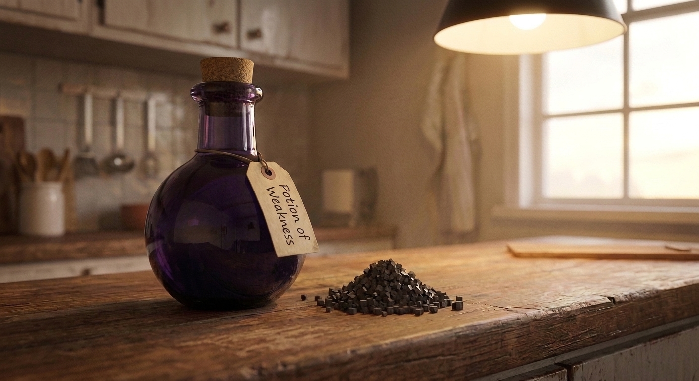 A lingering Potion of Weakness bottle beside a dragon’s breath item on a counter, staged like a finished recipe ingredient swap