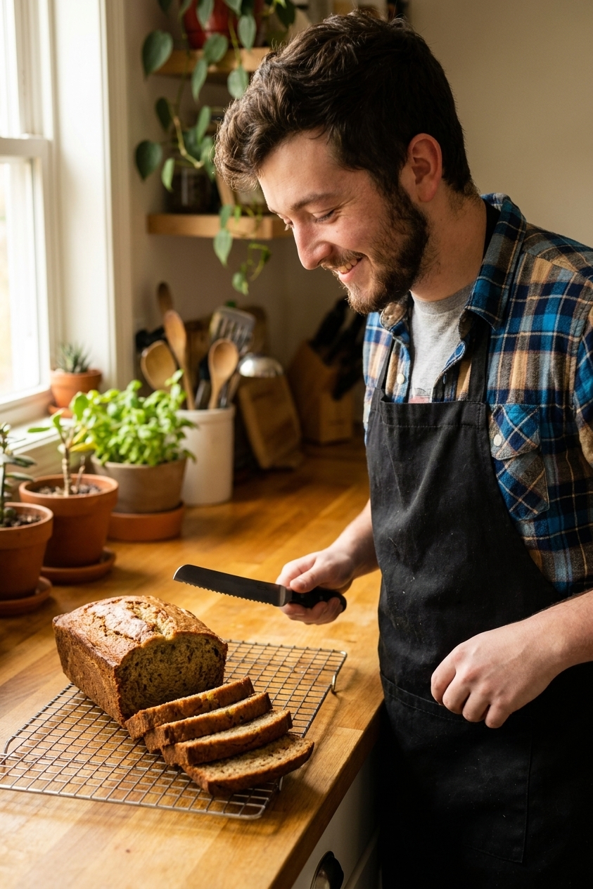 A loaf of banana bread cooling on a wire rack with several slices fanned out, warm kitchen lighting
