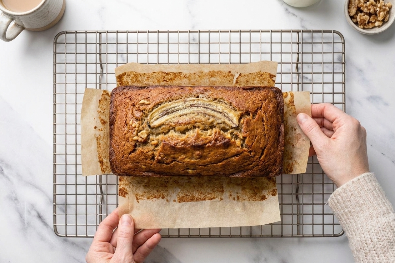 A loaf of banana bread cooling on a wire rack with parchment paper pulled away slightly
