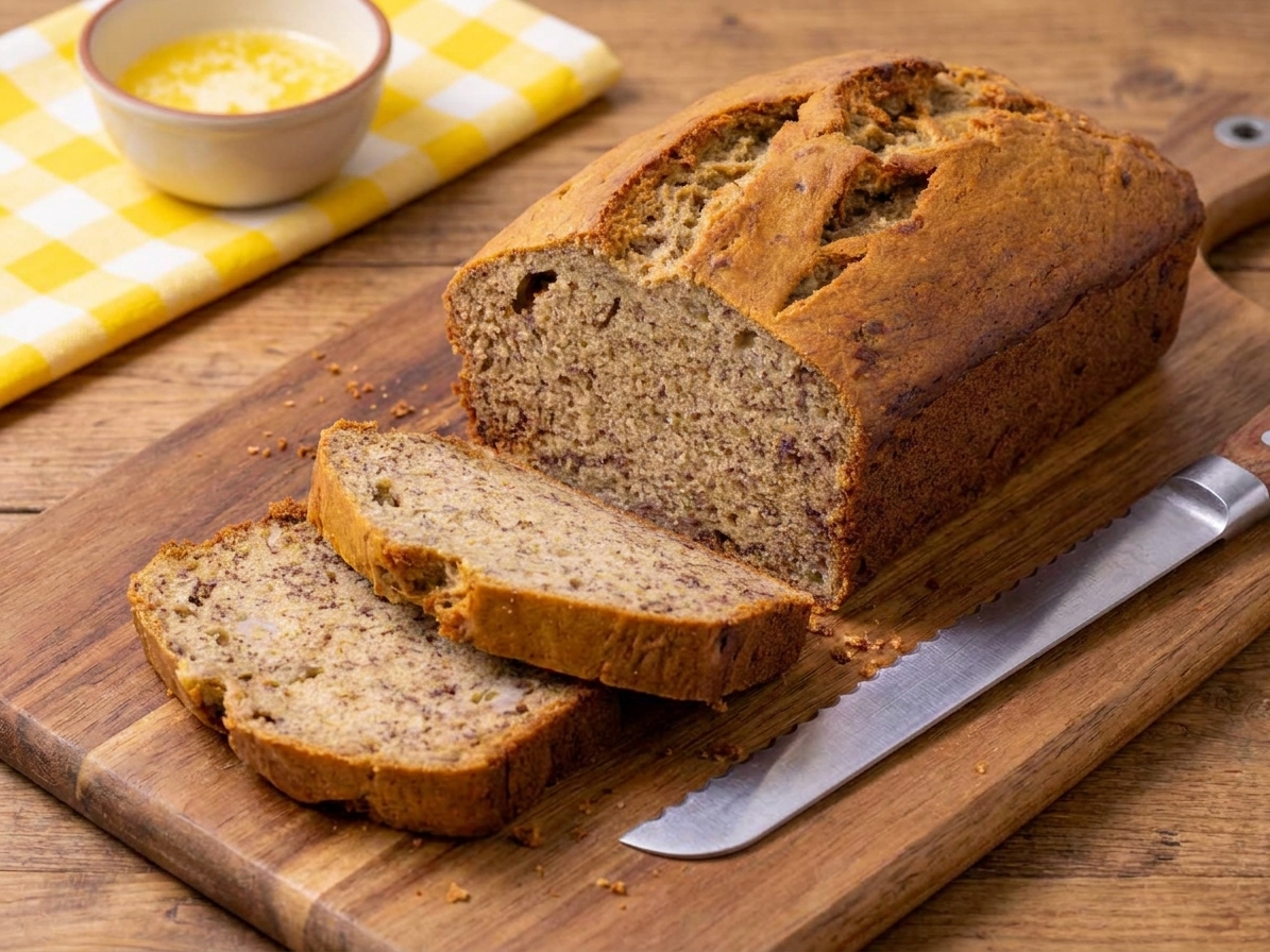 A loaf of banana bread partially sliced on a wooden cutting board with a serrated knife nearby