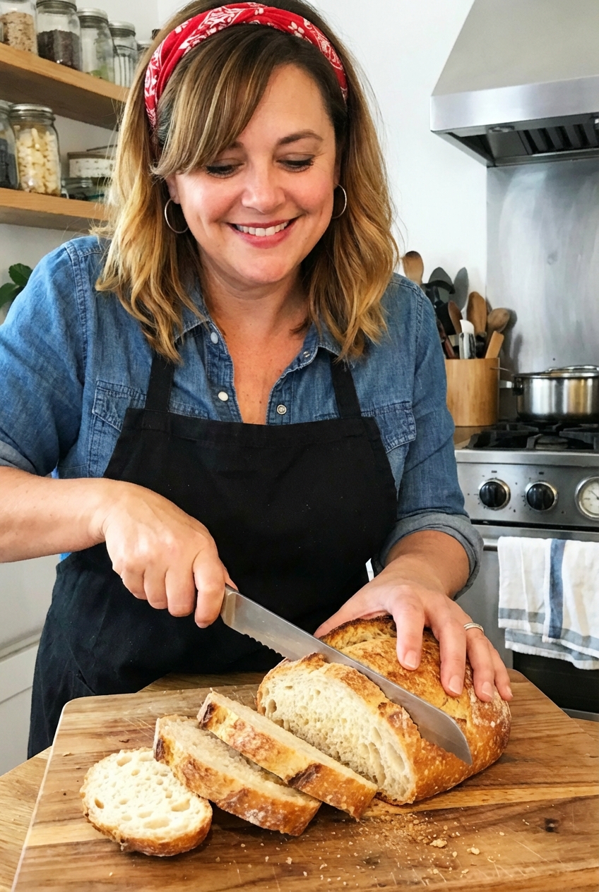 A loaf of crusty bread sliced on a cutting board with a bread knife