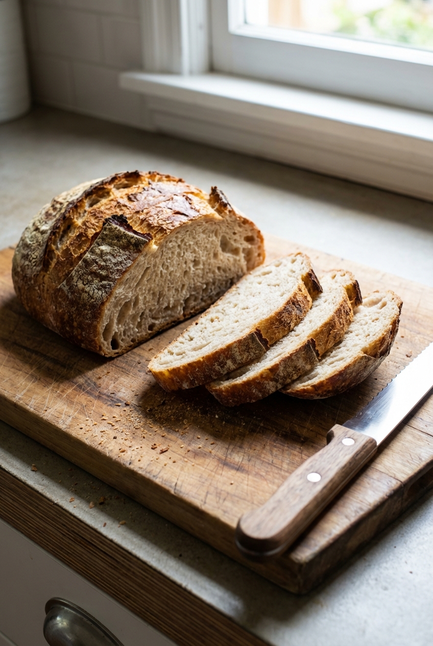 A loaf of crusty bread sliced on a cutting board