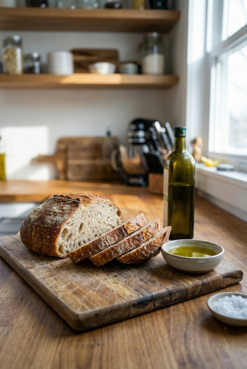 A loaf of crusty bread sliced on a wooden board with olive oil nearby
