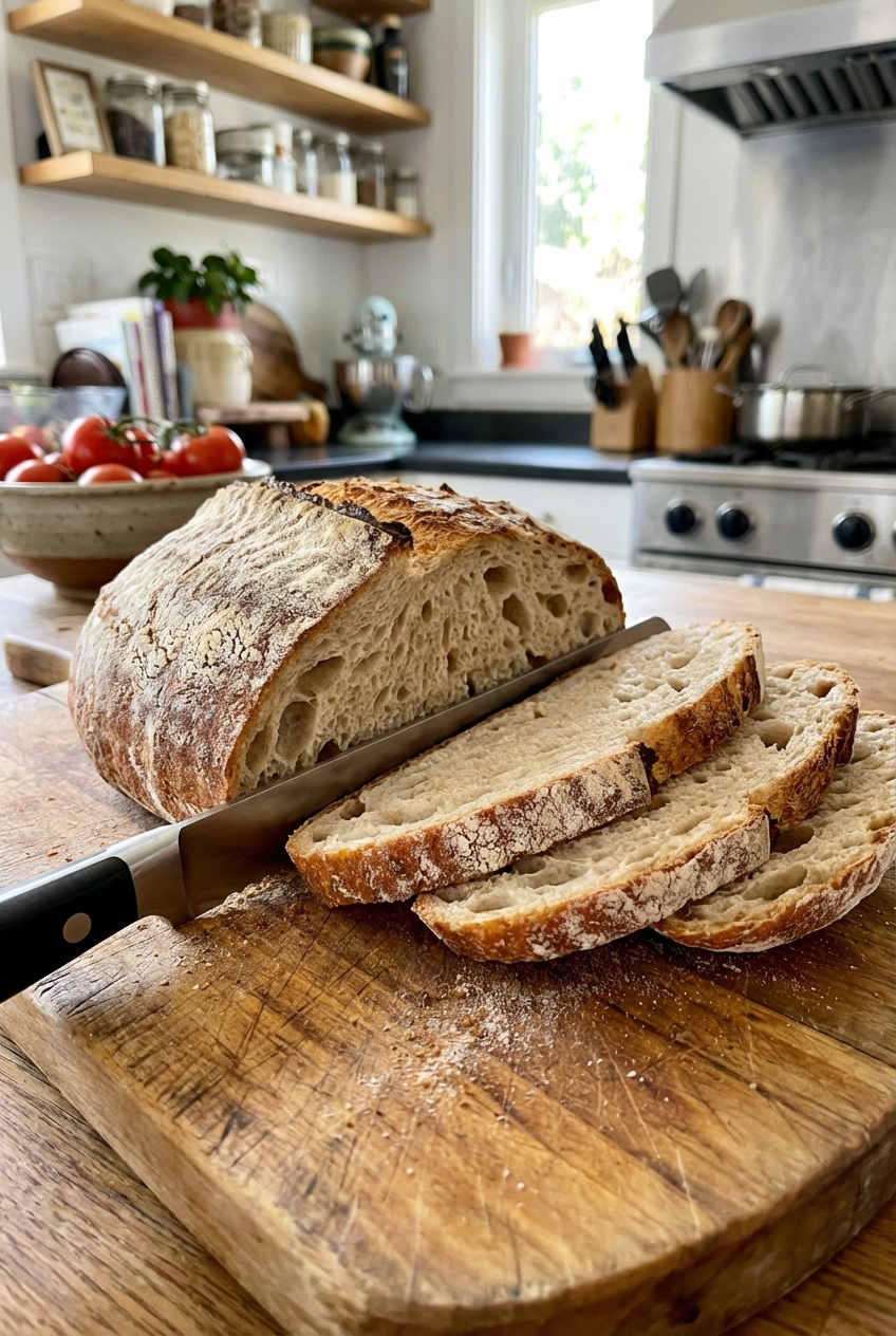 A loaf of crusty bread sliced on a wooden board