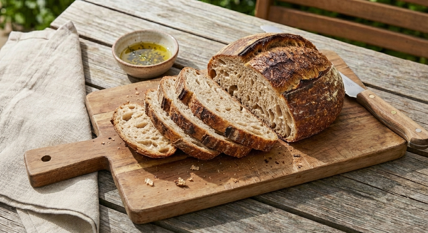 A loaf of crusty bread sliced on a wooden board