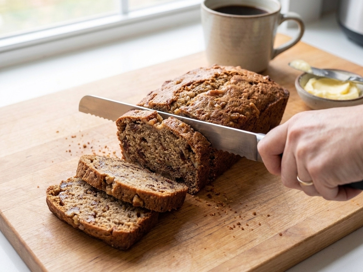 A loaf of date nut bread being sliced with a serrated knife on a wooden cutting board