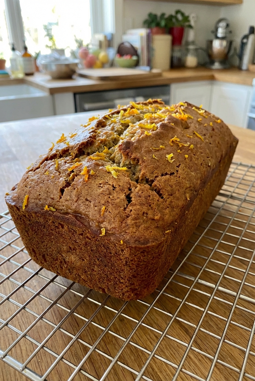 A loaf of gluten free banana bread cooling on a wire rack with visible citrus zest on top