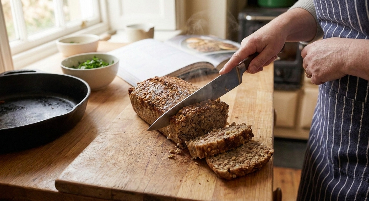 A loaf of haggis being sliced into thick pieces on a wooden cutting board in a home kitchen