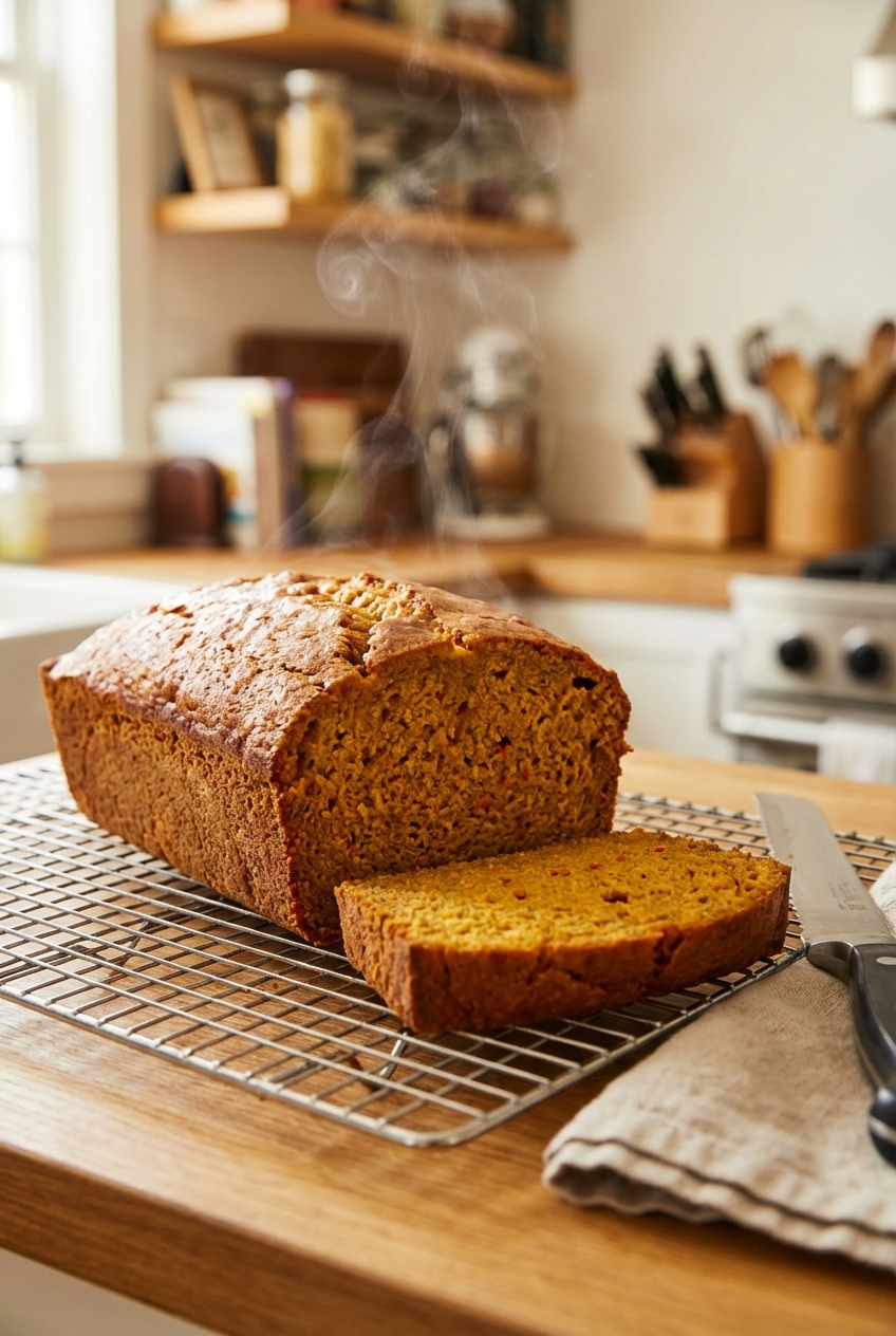 A loaf of pumpkin bread cooling on a wire rack with a slice cut and steam just barely visible