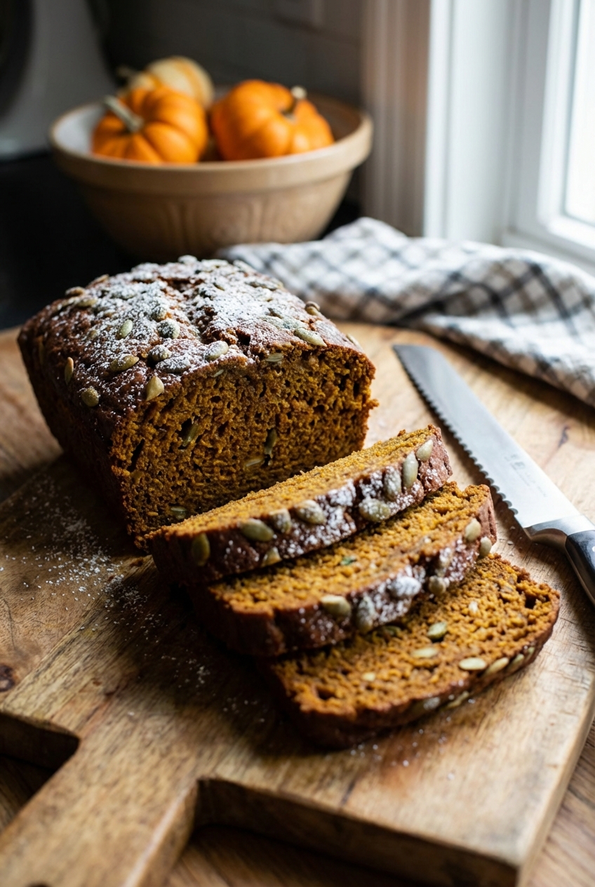 A loaf of pumpkin bread sliced on a cutting board