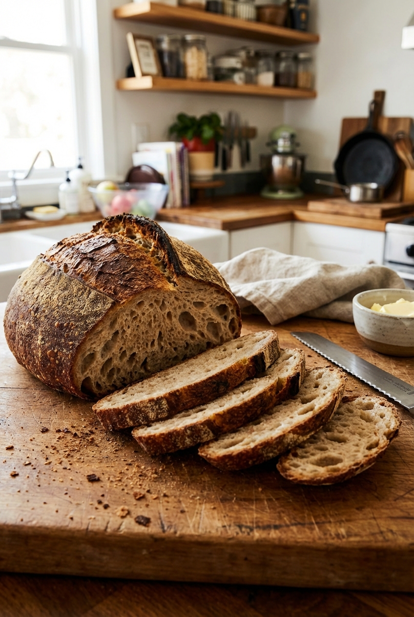 A loaf of rustic crusty bread sliced on a cutting board