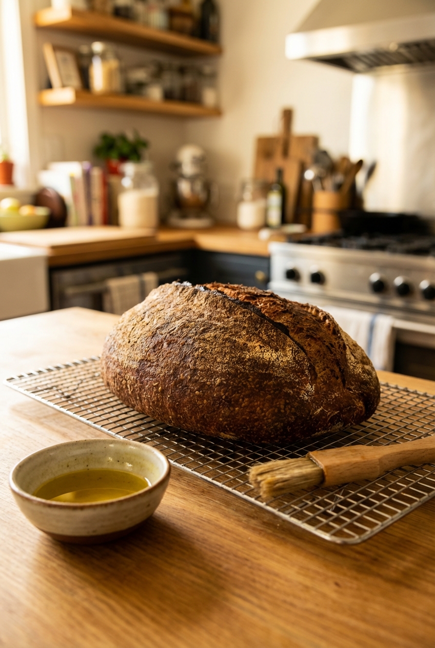 A loaf of rye bread cooling on a wire rack with a pastry brush and small bowl of olive oil nearby