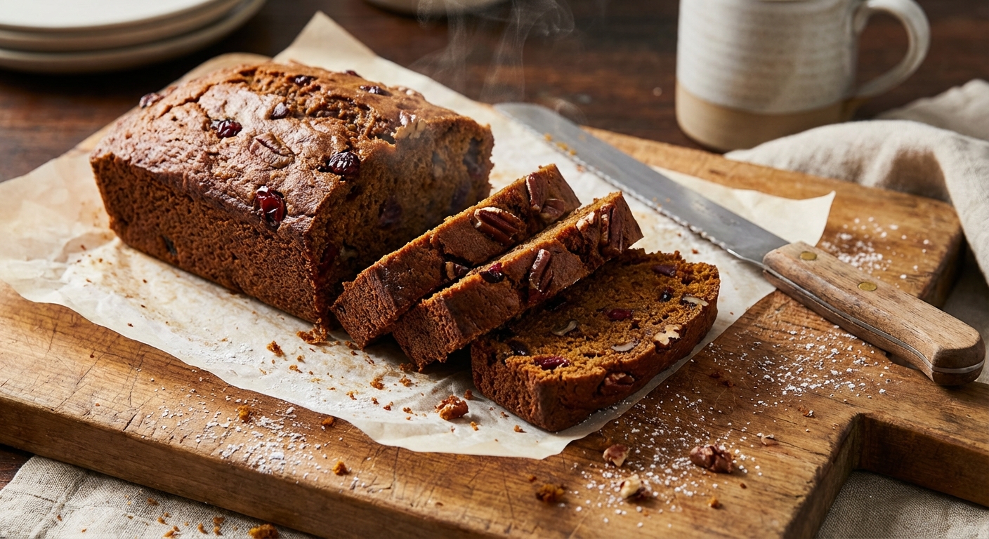 A loaf of warm spiced quick bread sliced on parchment with crumbs on the board