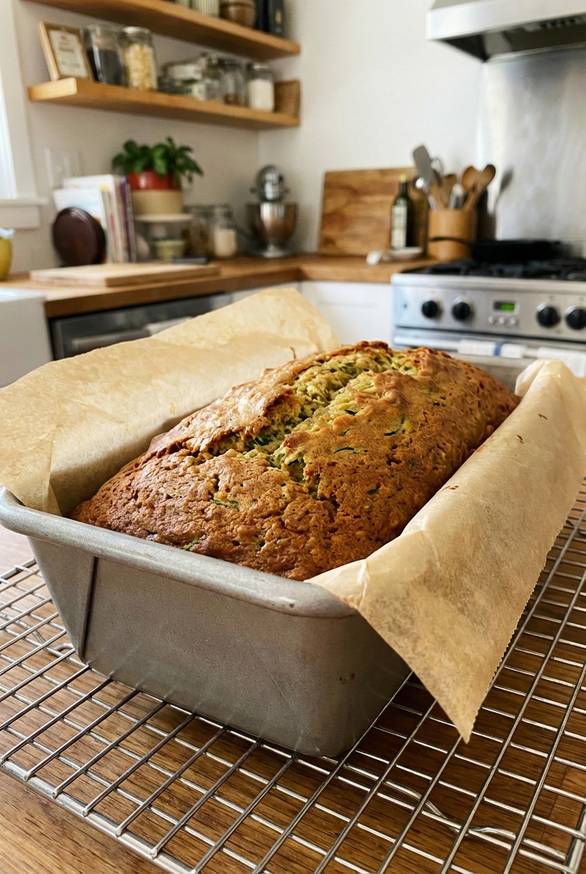 A loaf of zucchini bread cooling in a parchment-lined loaf pan on a wire rack