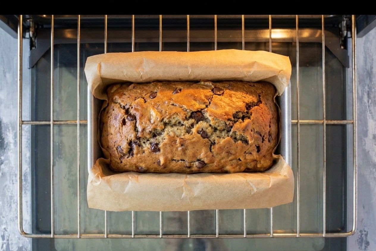 A loaf pan baking on the center oven rack with the loaf risen and lightly golden
