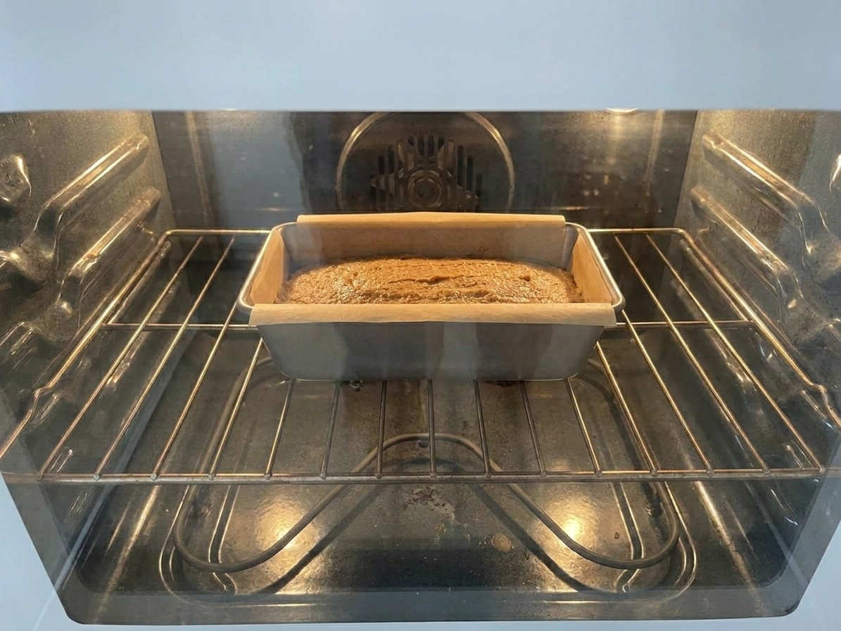 A loaf pan baking on the center rack of a home oven