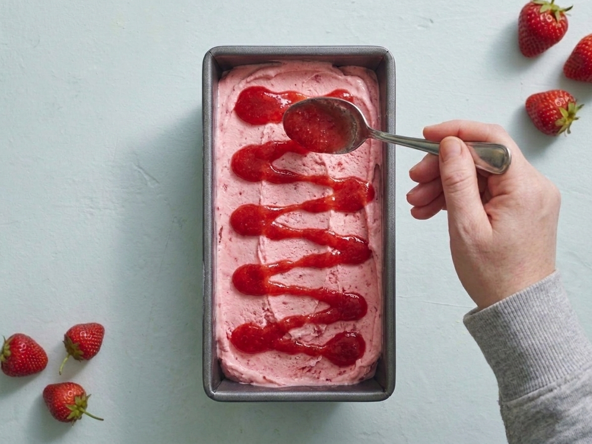 A loaf pan being filled with strawberry ice cream as a spoon drizzles in a thick strawberry swirl, ready to be rippled