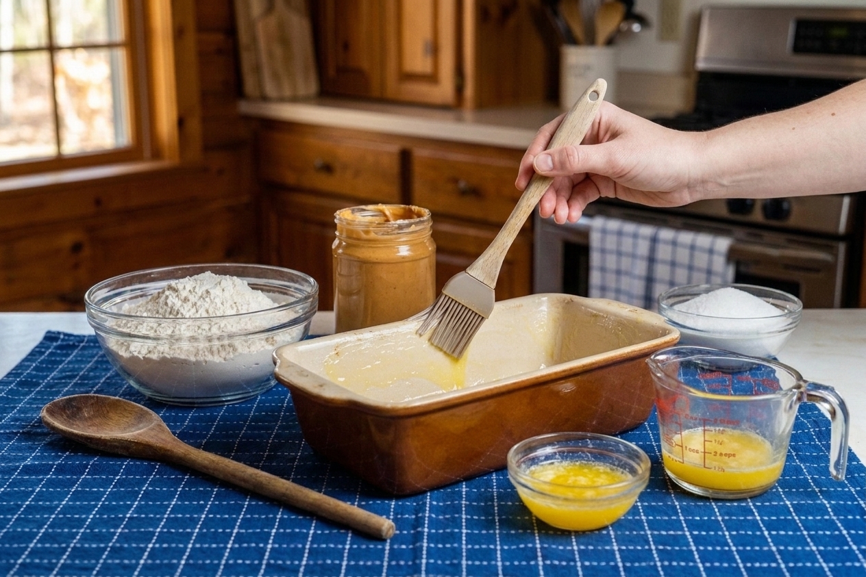 A loaf pan being greased with melted butter on a kitchen counter