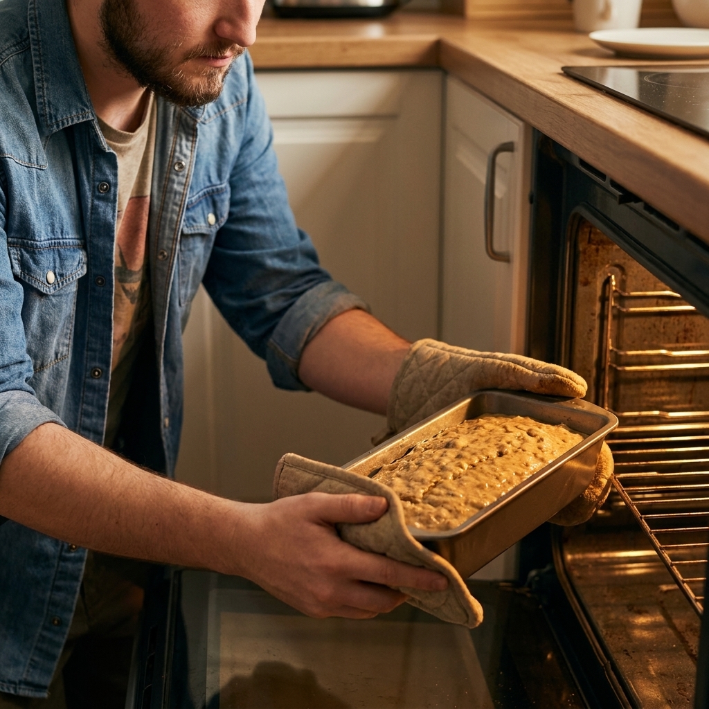 A loaf pan filled with banana bread batter being placed into a preheated oven, close-up kitchen photo with warm lighting