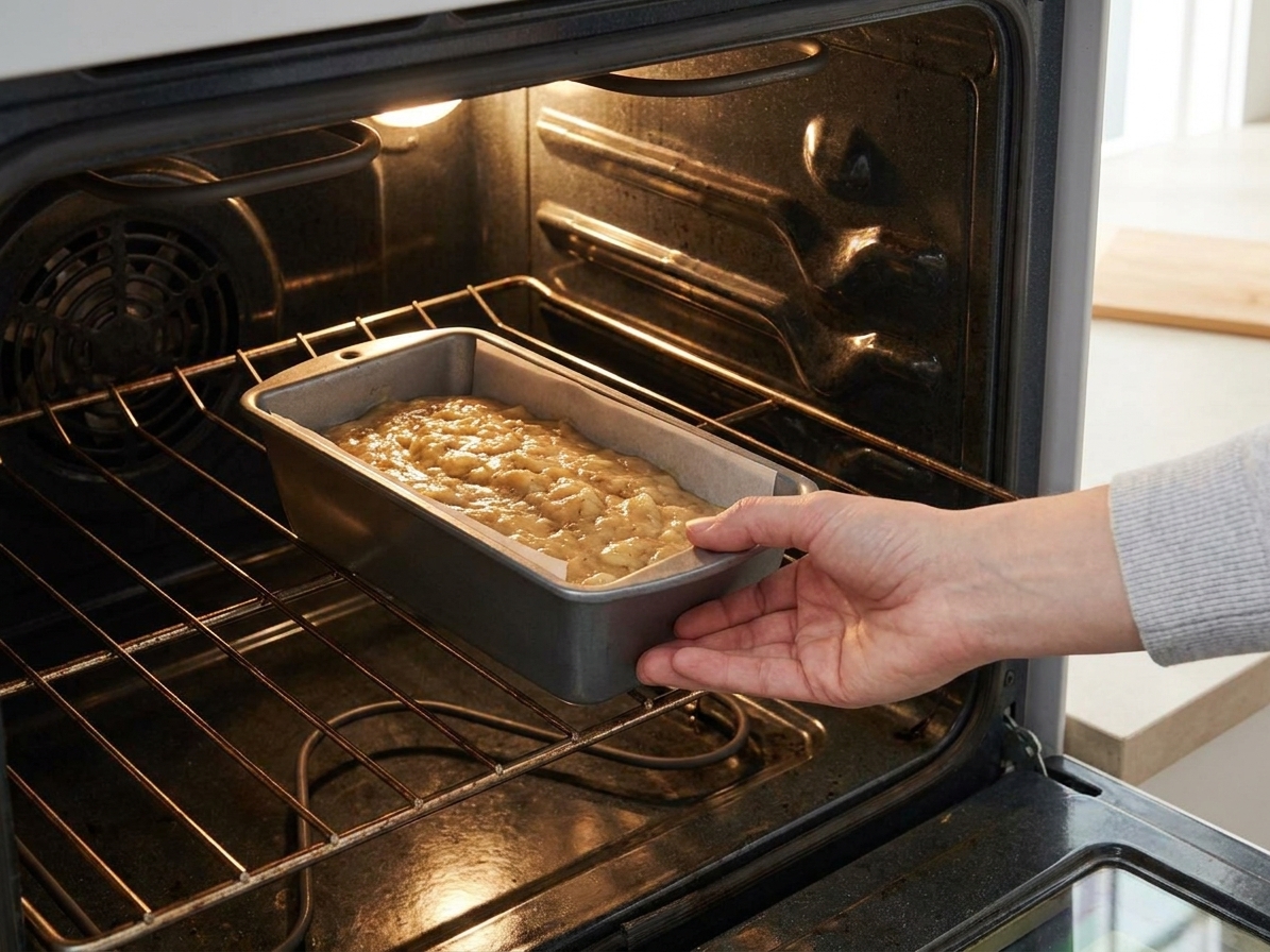 A loaf pan filled with banana bread batter being placed onto an oven rack in a home oven