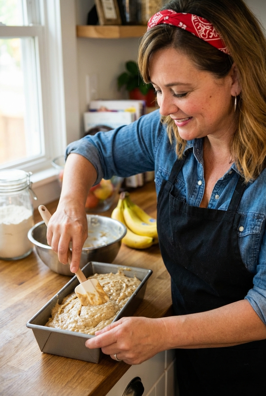 A loaf pan filled with banana bread batter being smoothed with a spatula before baking