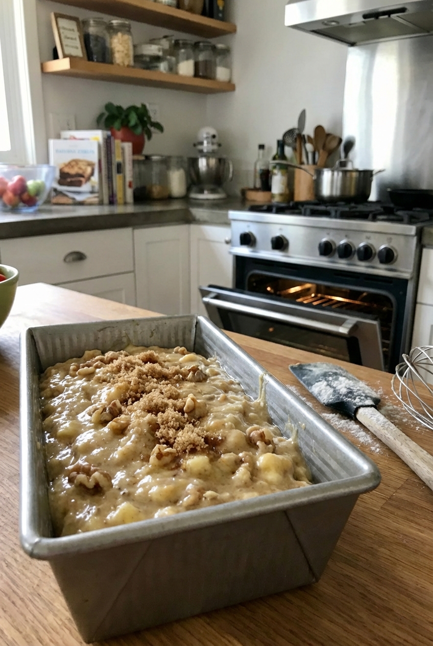 A loaf pan filled with banana bread batter on a kitchen counter right before baking