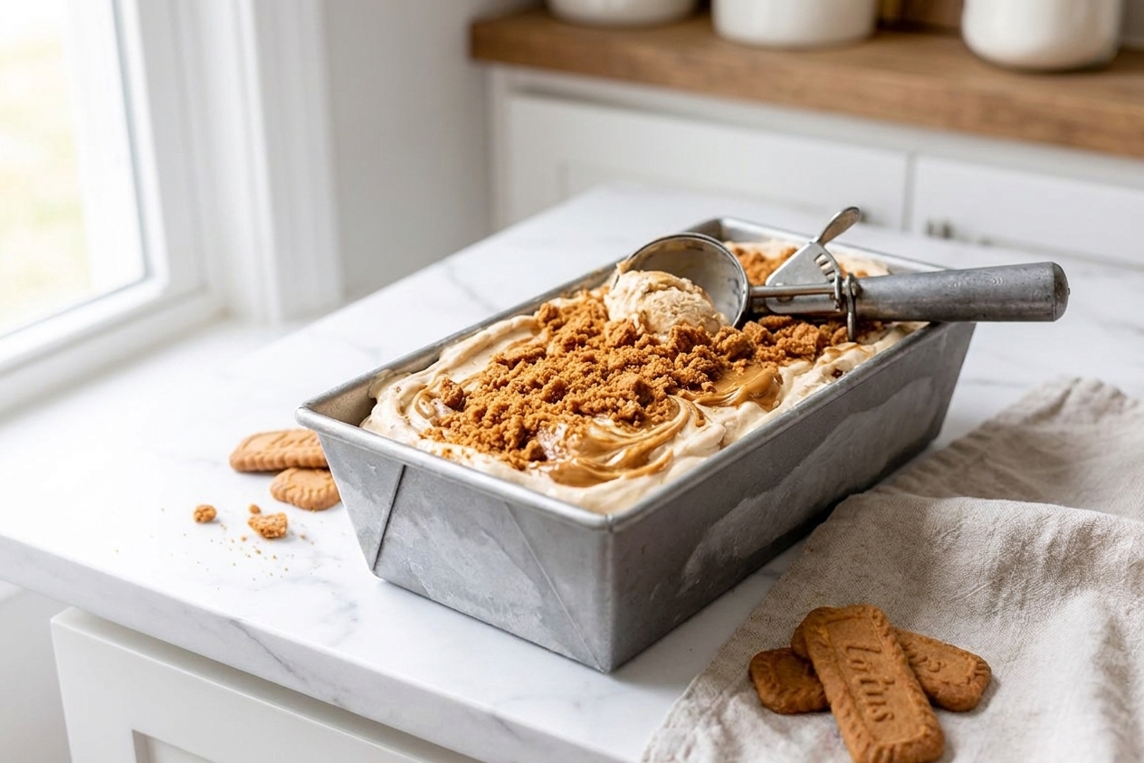 A loaf pan filled with creamy Biscoff ice cream swirled with cookie butter and topped with crushed Biscoff cookies on a bright kitchen counter