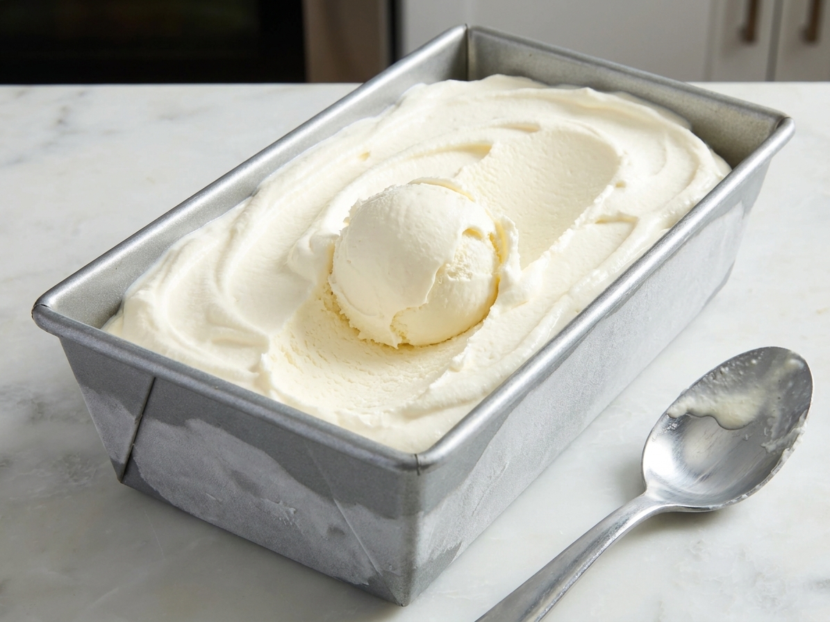 A loaf pan filled with creamy no-churn vanilla ice cream swirled smooth, with a scoop taken out and a spoon resting nearby