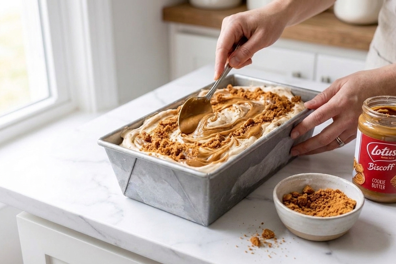 A loaf pan filled with no-churn ice cream base with visible Biscoff cookie butter swirls and crushed cookie pieces before freezing