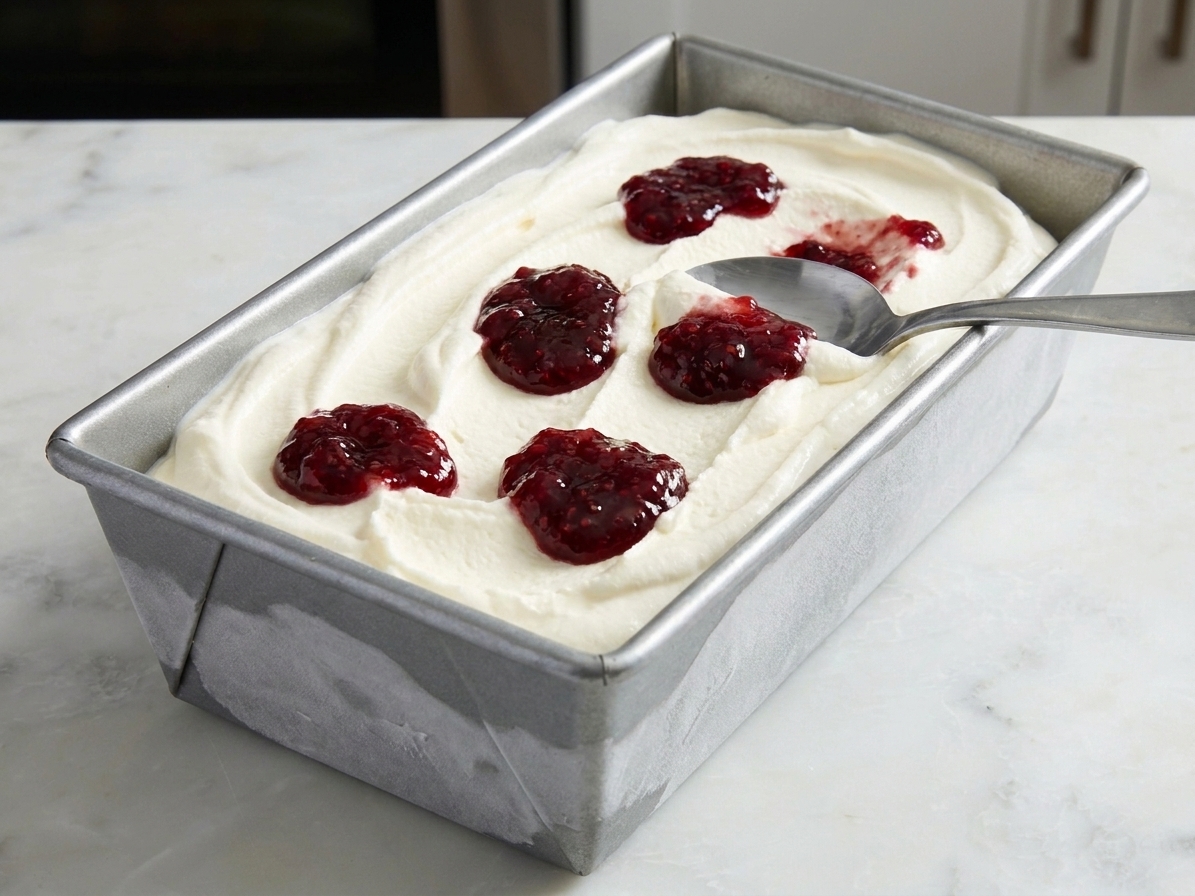 A loaf pan filled with no-churn ice cream base with spoonfuls of berry jam dotted on top, ready to be swirled