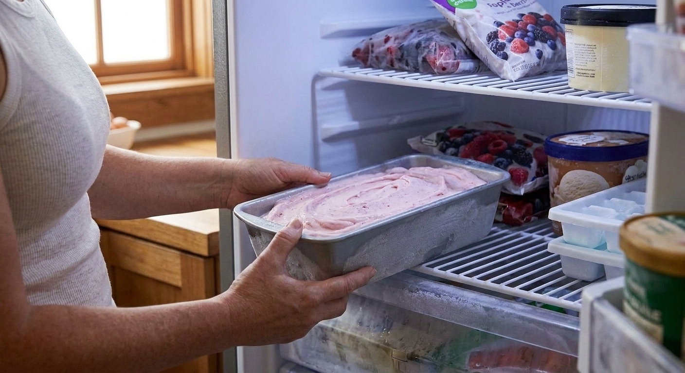 A loaf pan filled with pale frozen yogurt base set on a freezer shelf, ready to begin freezing