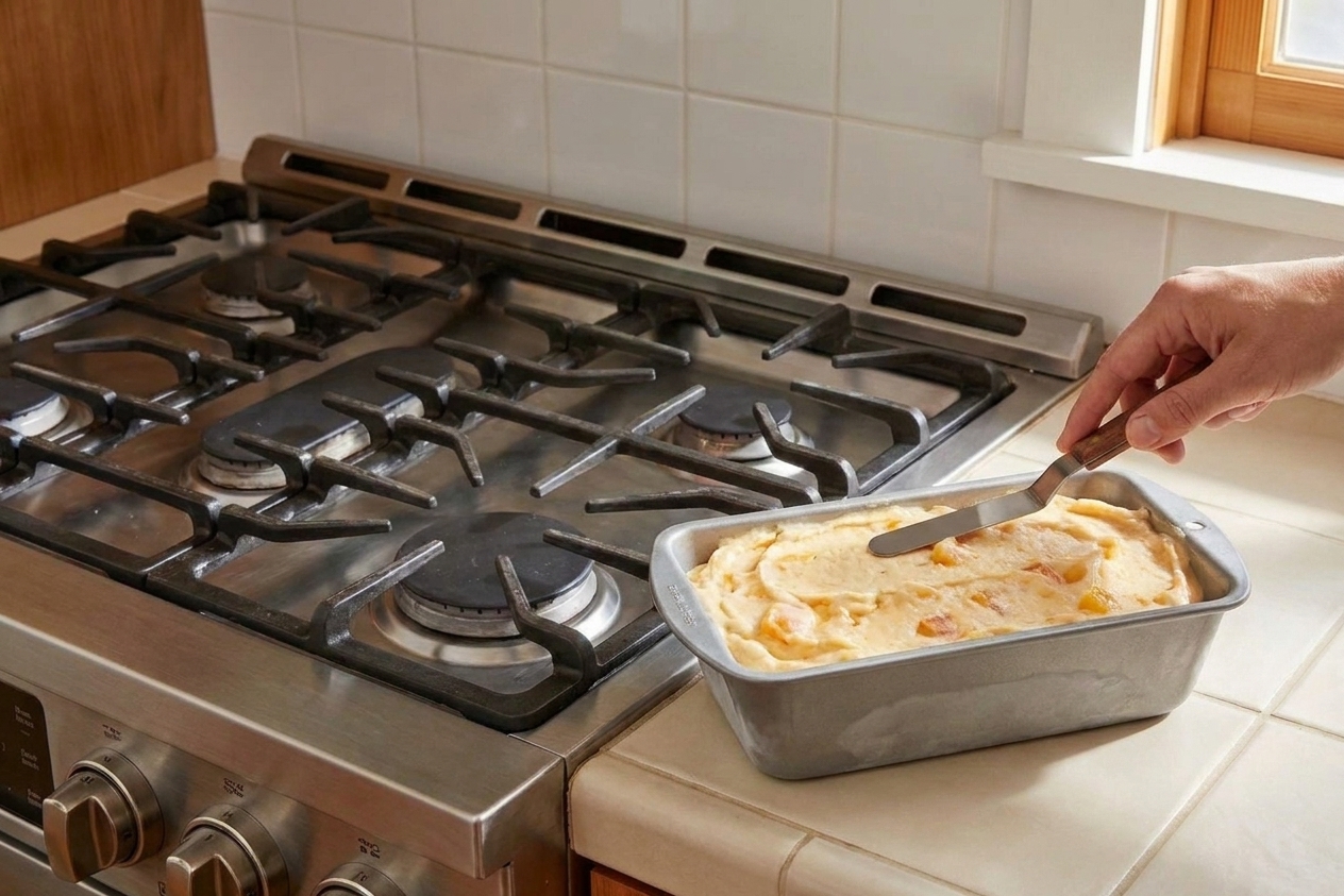 A loaf pan filled with peach ice cream mixture being smoothed with a spatula on a clean kitchen counter, ready to be frozen