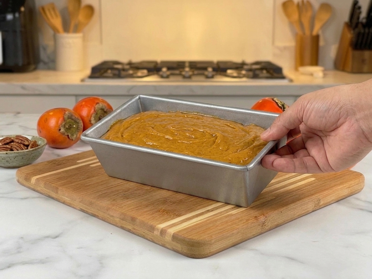 A loaf pan filled with persimmon bread batter ready for baking