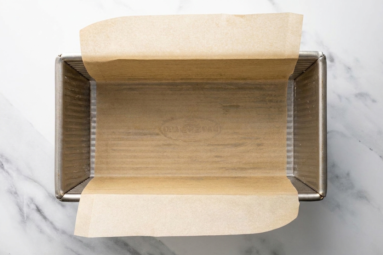 A loaf pan lined with parchment paper with overhang, sitting on a light stone countertop
