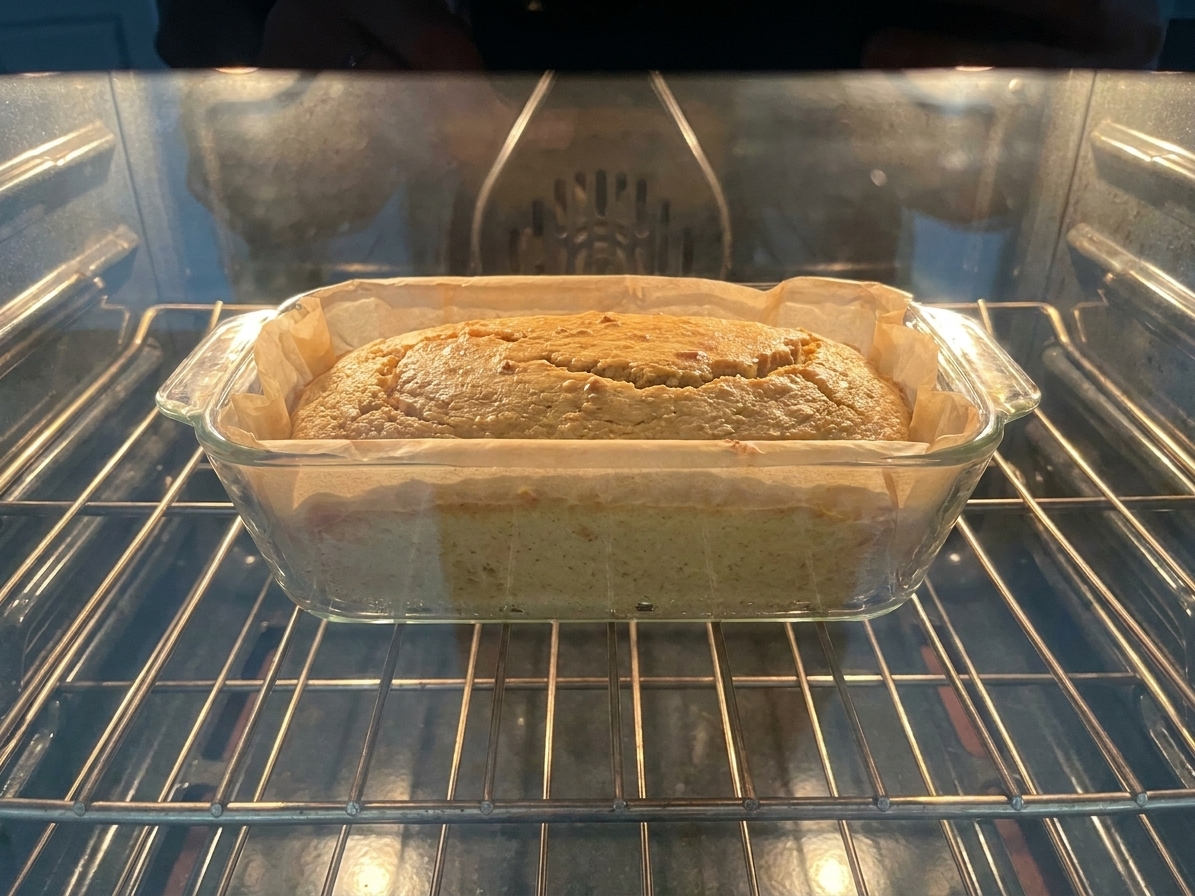 A loaf pan of almond flour bread baking on the middle rack of an oven, with the top beginning to turn golden
