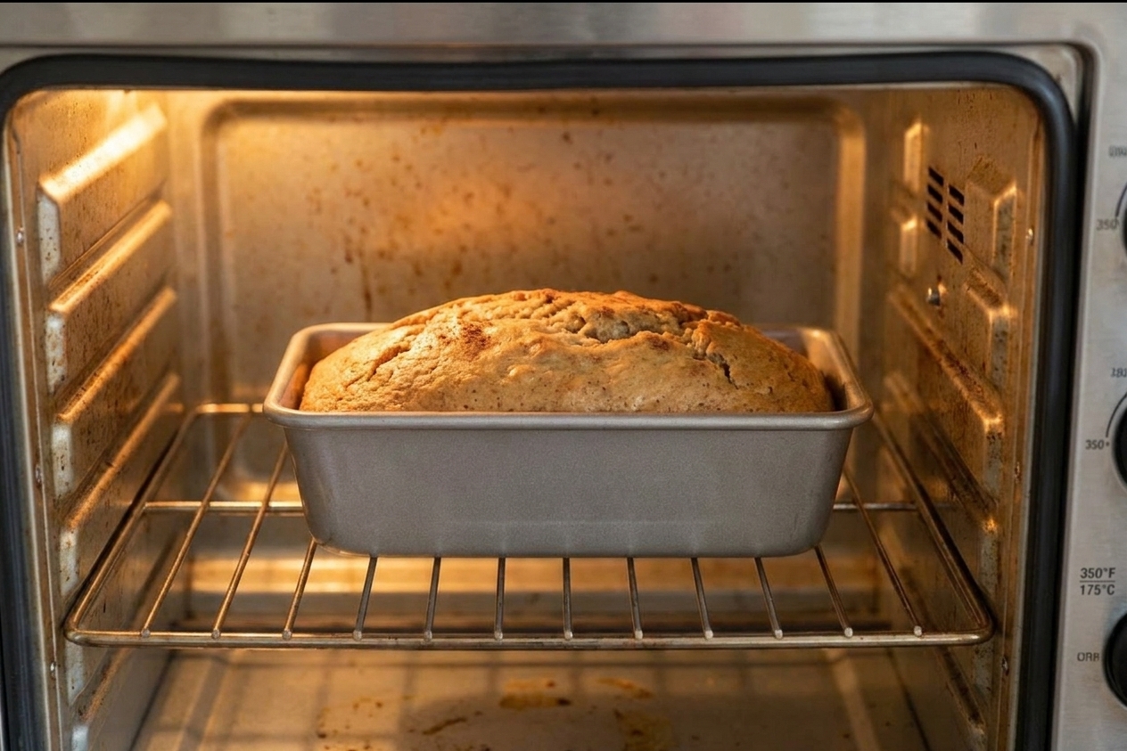 A loaf pan of applesauce bread baking on the middle oven rack with warm oven light