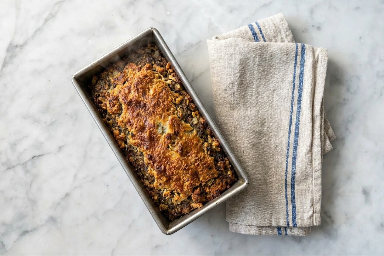 A loaf pan of baked haggis with a browned top just out of the oven, sitting on a kitchen counter with a folded towel nearby