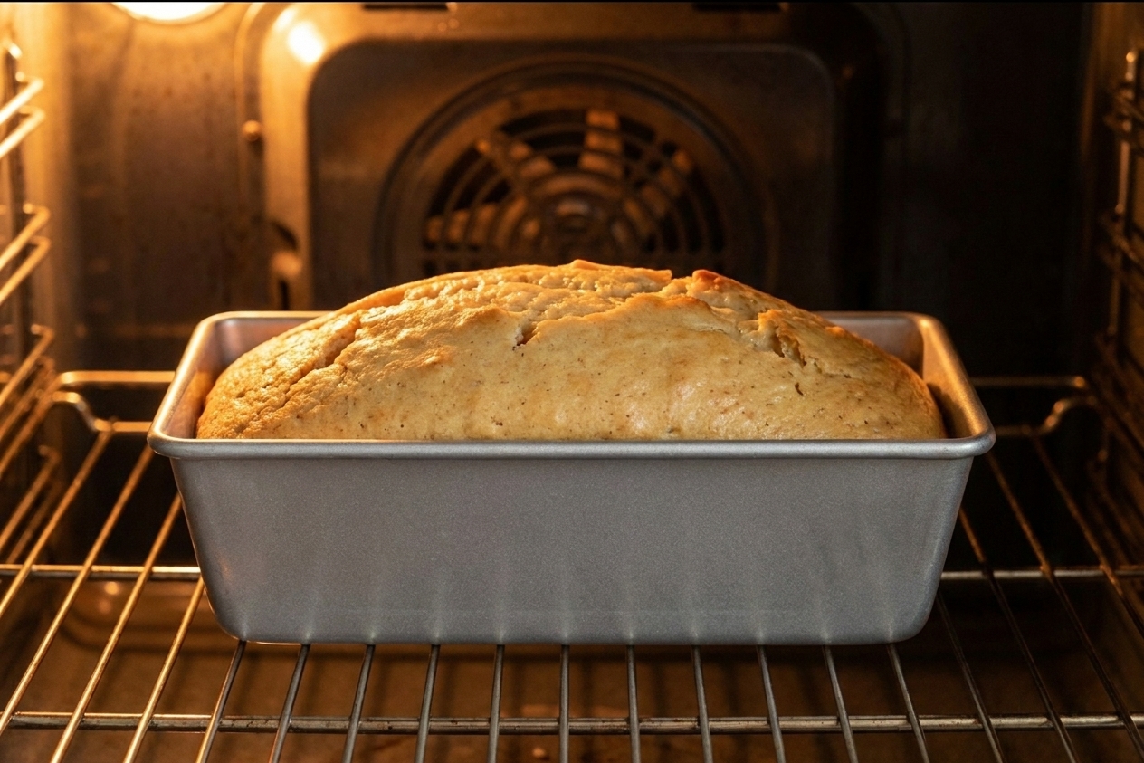 A loaf pan of banana batter baking on an oven rack, top beginning to rise and turn golden