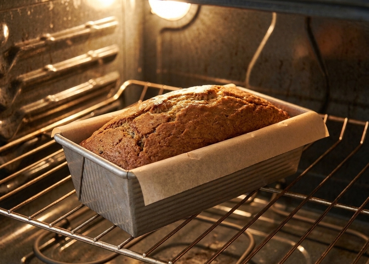 A loaf pan of banana bread baking on an oven rack, the top domed and lightly browned