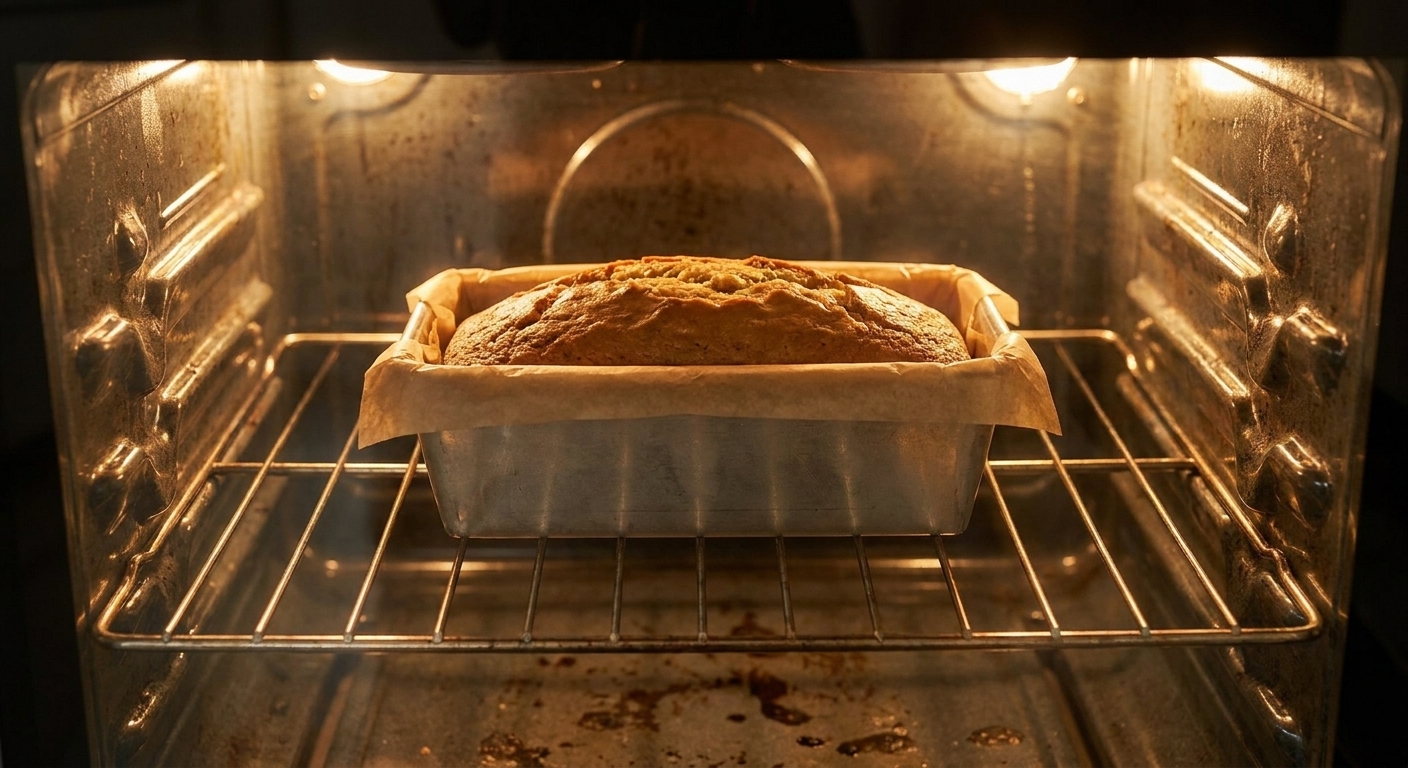 A loaf pan of banana bread baking on the center rack of an oven with the light on