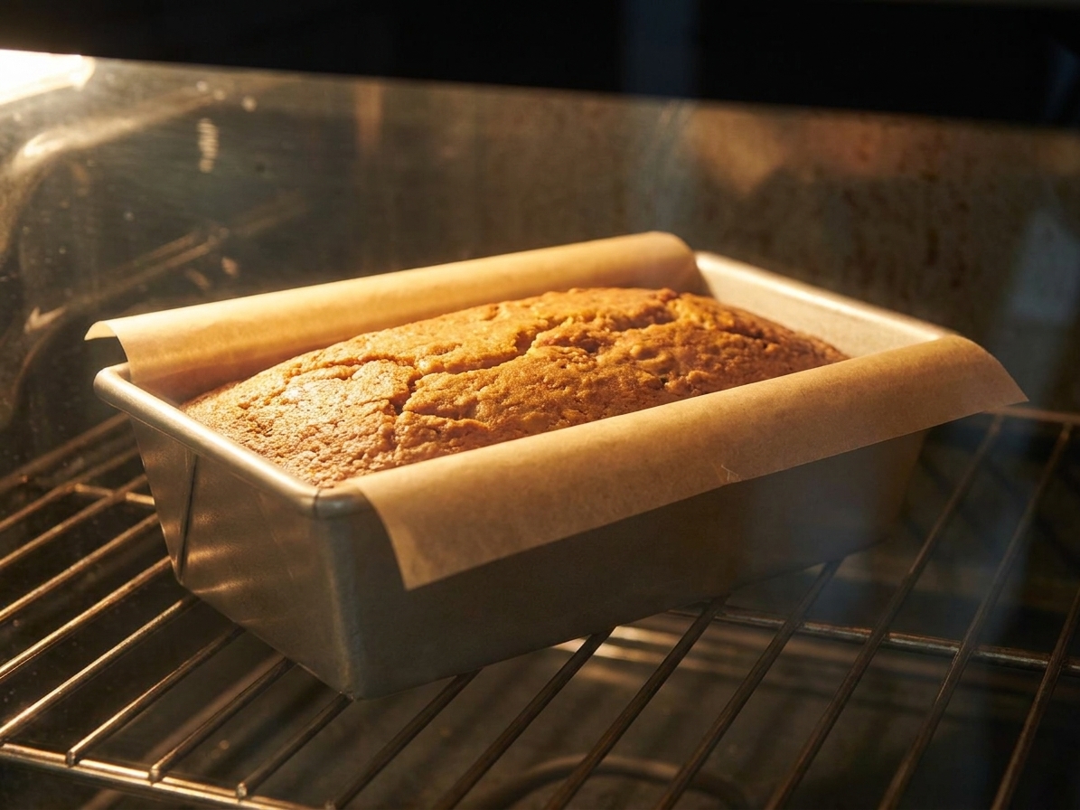 A loaf pan of banana bread baking on the center rack of a home oven with the oven light on