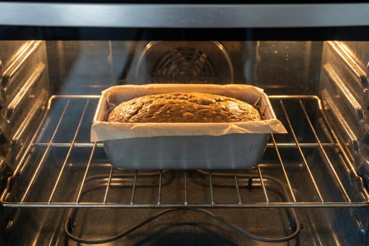 A loaf pan of banana bread baking on the center rack of an oven with the oven light on