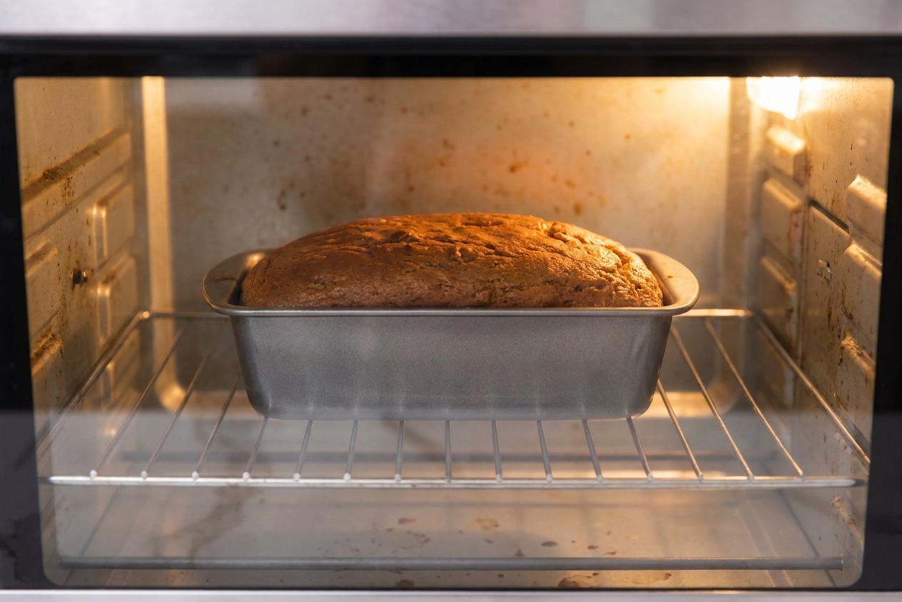 A loaf pan of banana bread baking on the center rack of a home oven with the oven light on