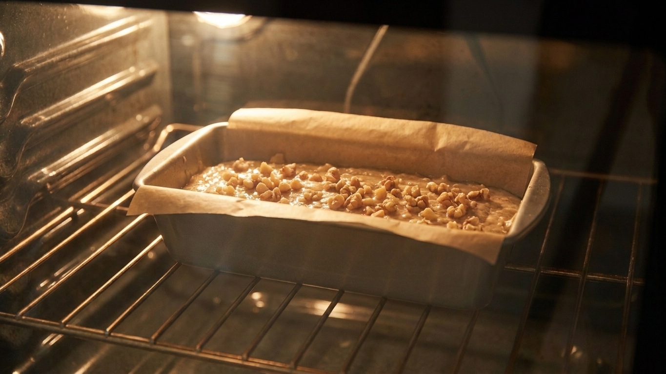 A loaf pan of banana bread baking on the middle oven rack with the oven light on
