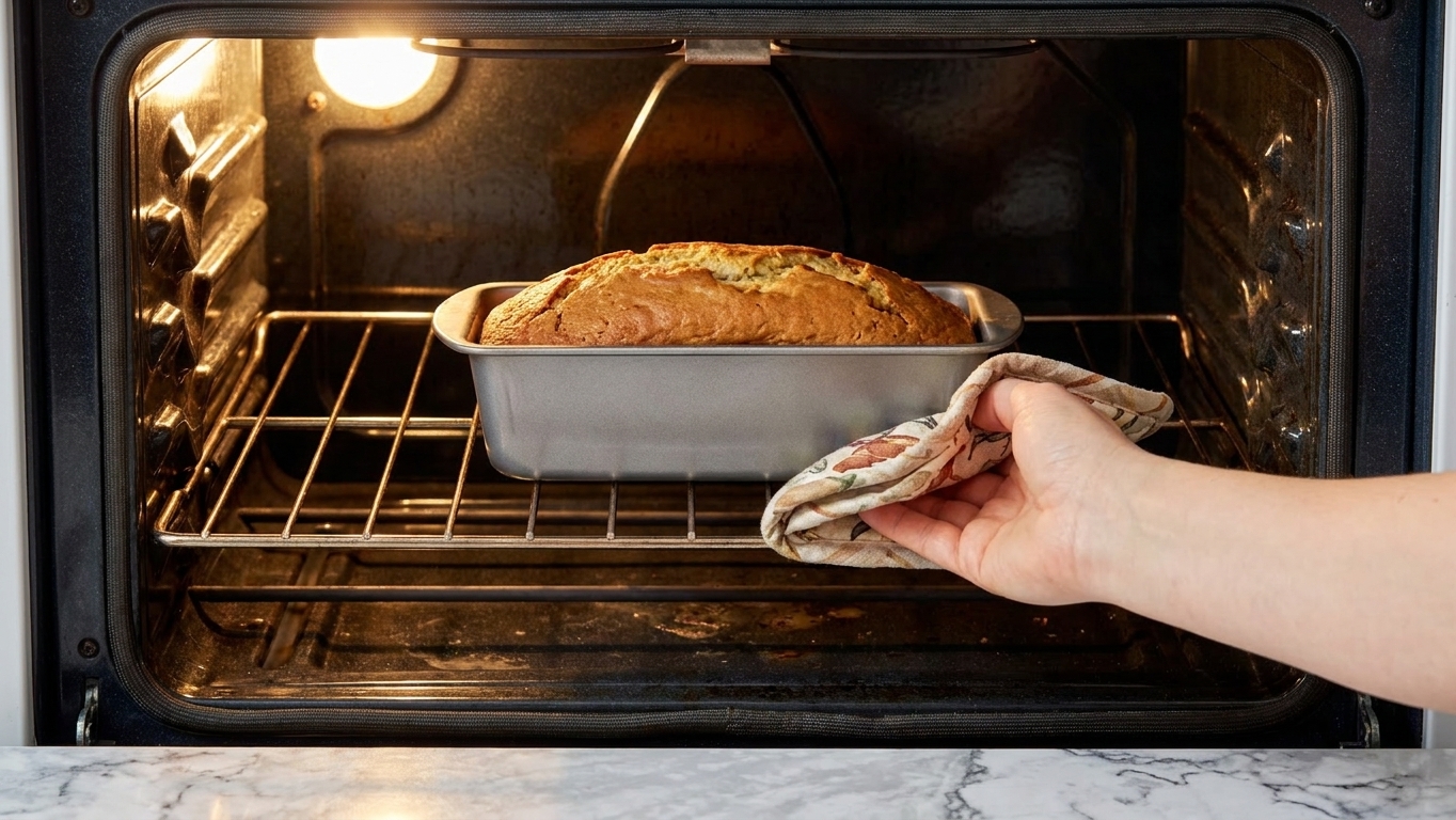 A loaf pan of banana bread baking on the middle rack of a home oven with the oven light on
