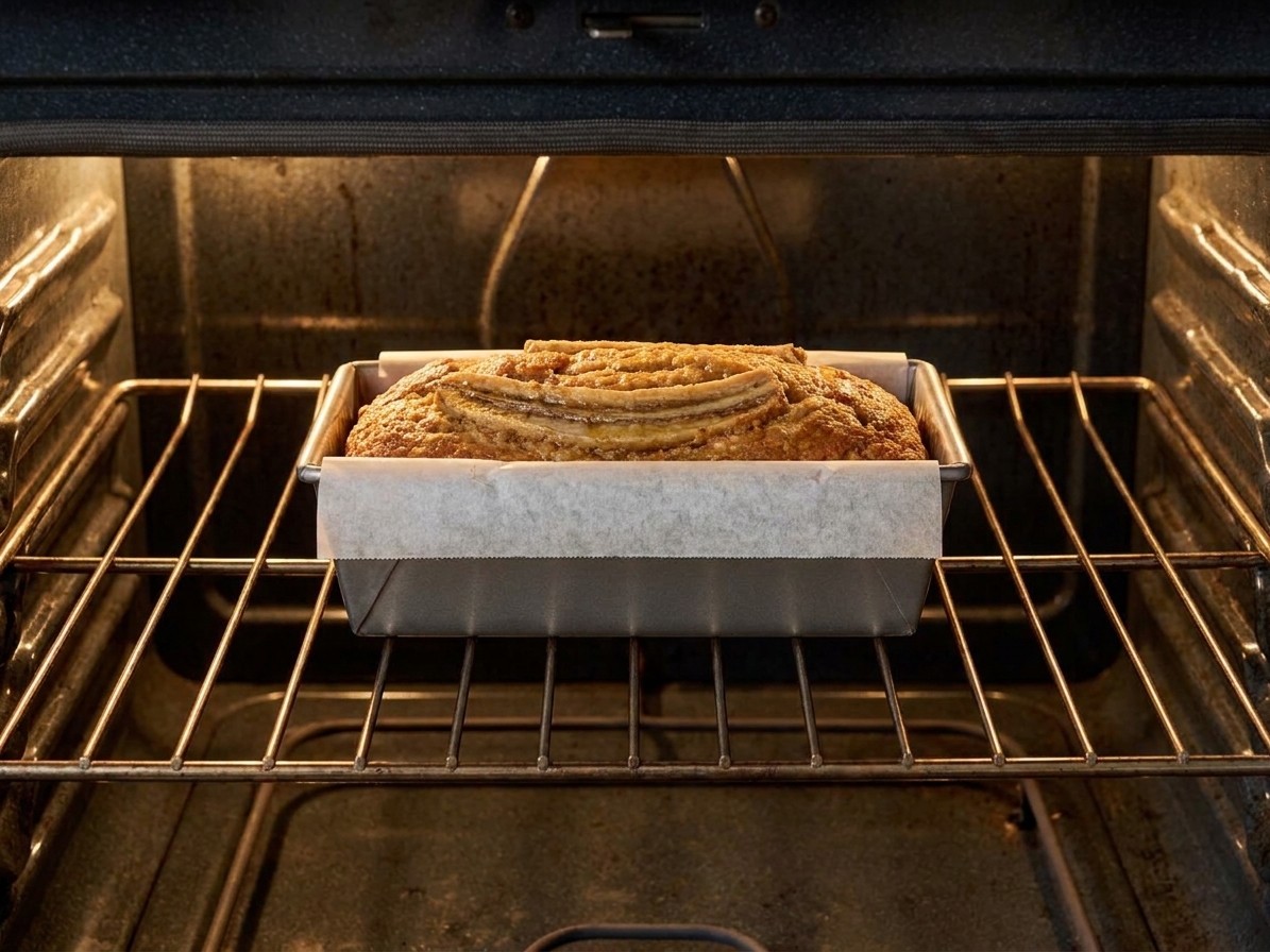 A loaf pan of banana bread baking on the middle rack of a home oven with warm light