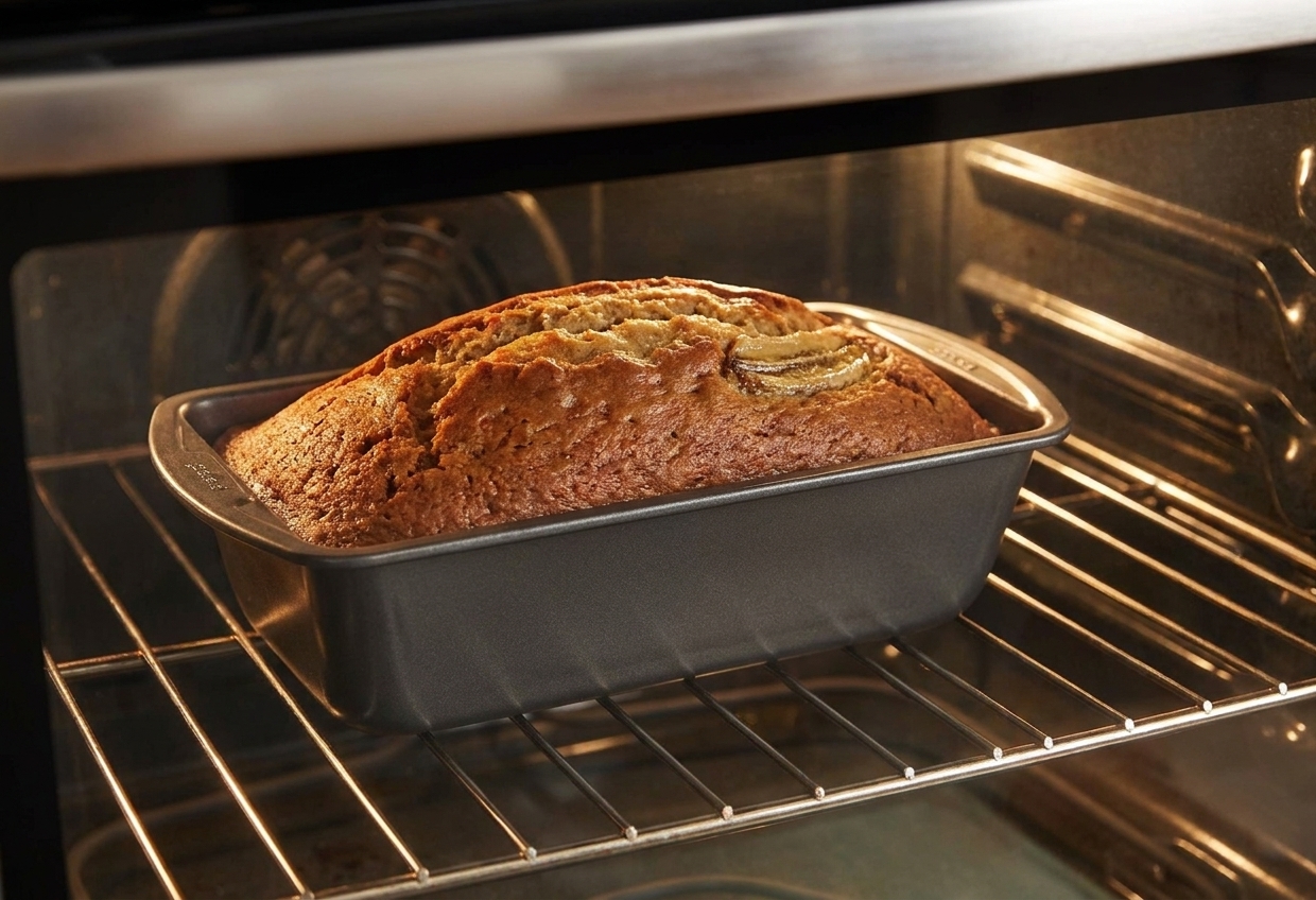 A loaf pan of banana bread baking on the middle rack of a home oven with the top rising and turning golden