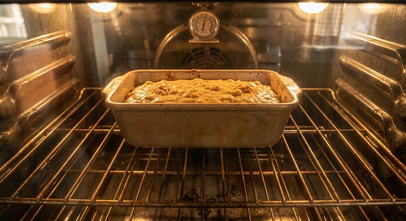 A loaf pan of banana bread batter baking on the center rack of a home oven, warm oven light glowing