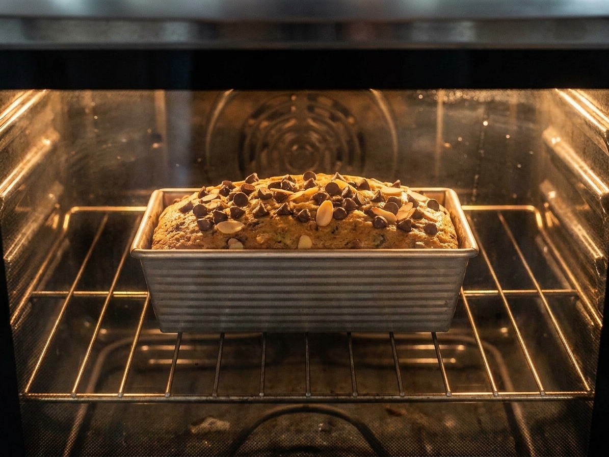 A loaf pan of banana chocolate chip bread baking on the center rack of a home oven with the oven light on